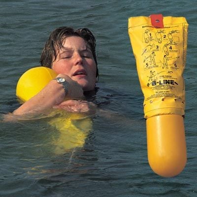 Person in open water using a B-Line throwable rescue device for emergency water safety and drowning prevention.