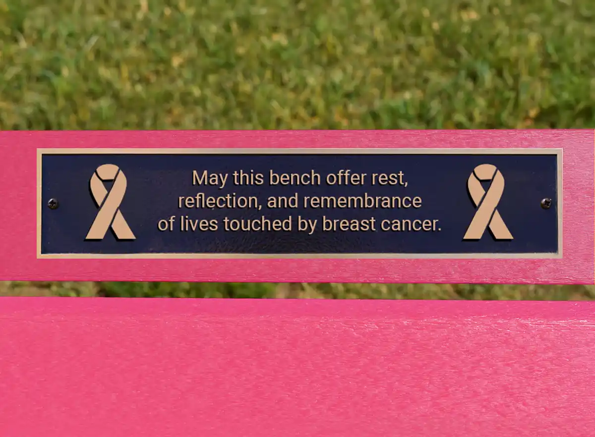 Cast bronze memorial plaque for Cancer Awareness Bench