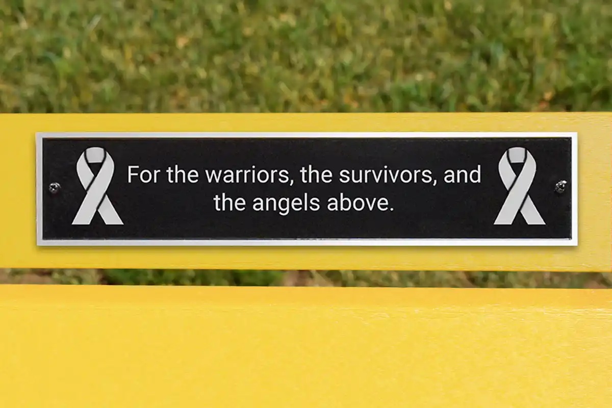 Cast aluminum memorial plaque for Cancer Awareness Bench