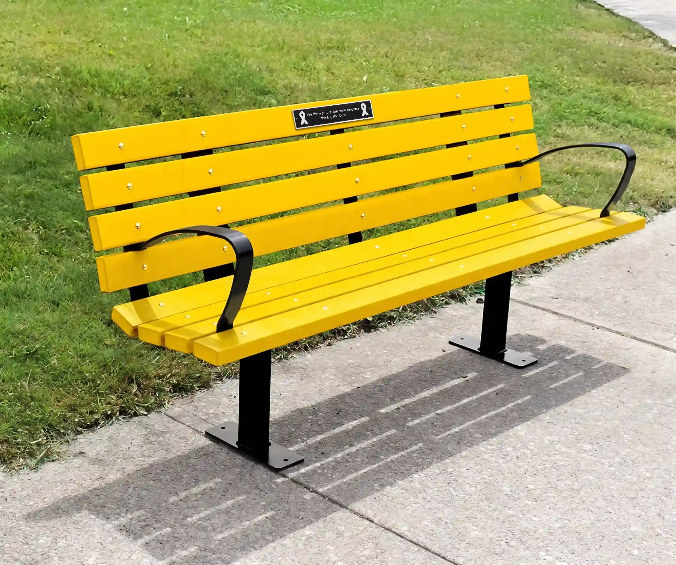 Yellow cancer awareness bench supporting the Canadian Cancer Society Daffodil Month campaign