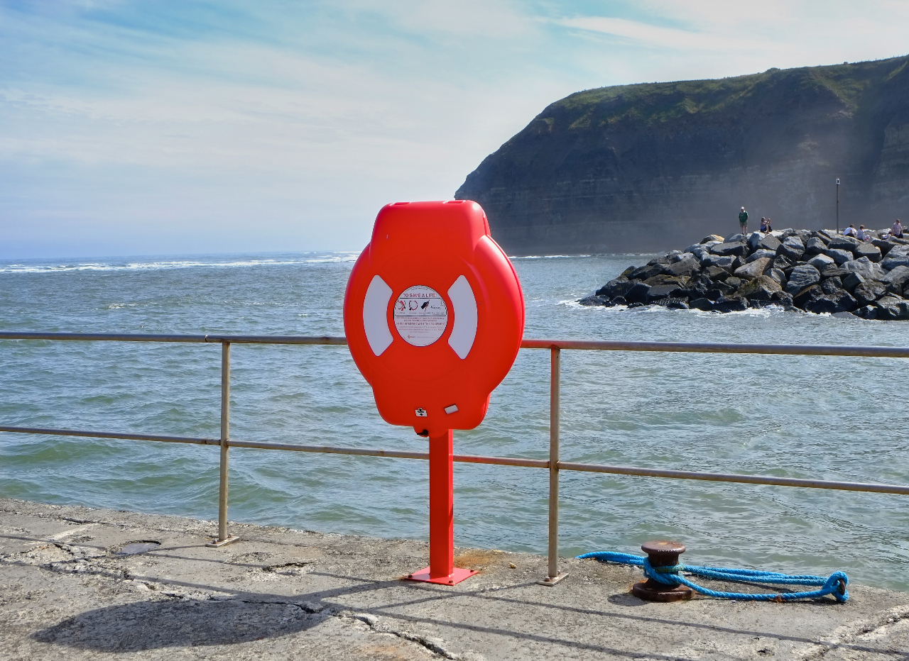 Red Guardian lifebuoy housing mounted on a post along a coastal pier, providing emergency water safety equipment for marinas, harbours, and municipal waterfronts.