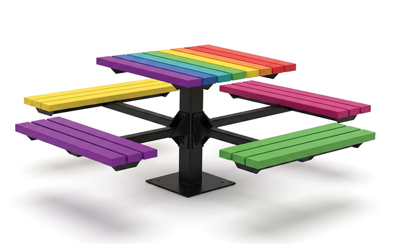 Commercial-grade outdoor Pride picnic table with rainbow tabletop and colourful bench seating for parks, schools, and public spaces.