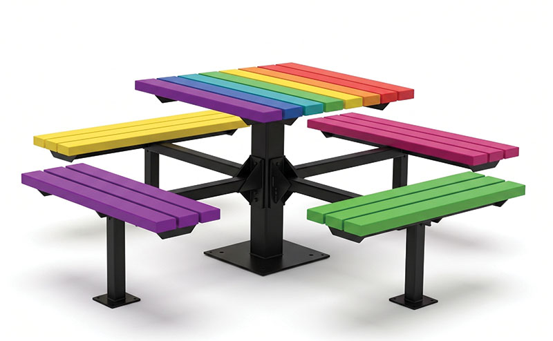 Rainbow picnic table with attached bench seating designed for inclusive outdoor spaces, parks, campuses, and community gathering areas.