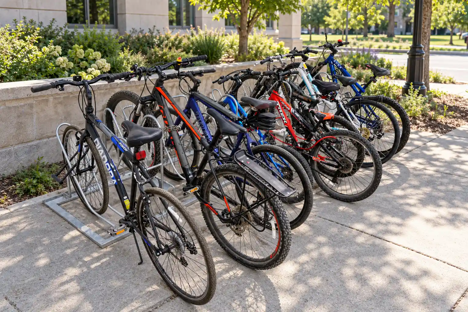 High-capacity commercial bicycle parking racks with multiple bikes in an outdoor municipal setting.