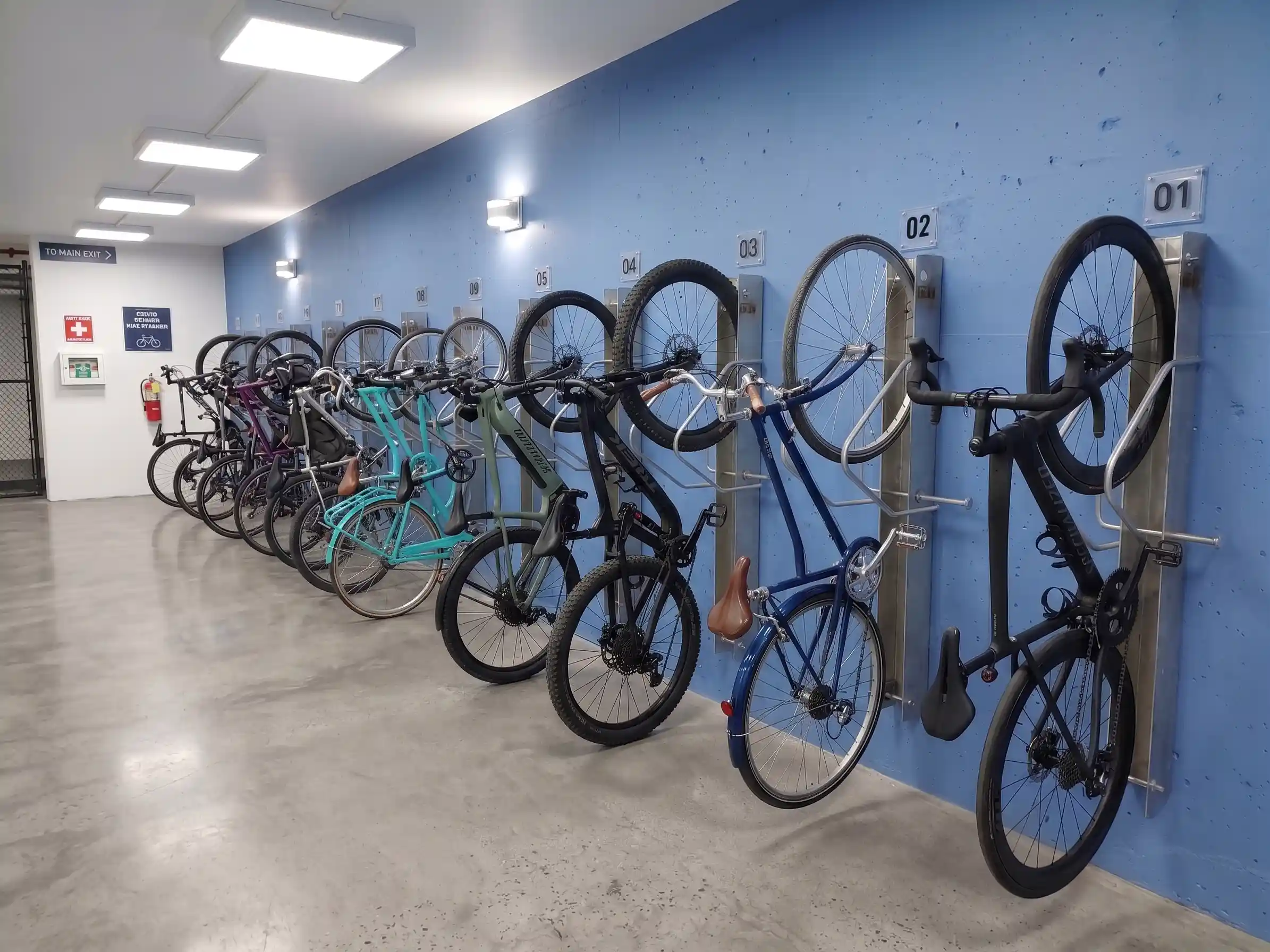 Wall-mounted commercial bike racks providing organized bicycle storage in an indoor facility.