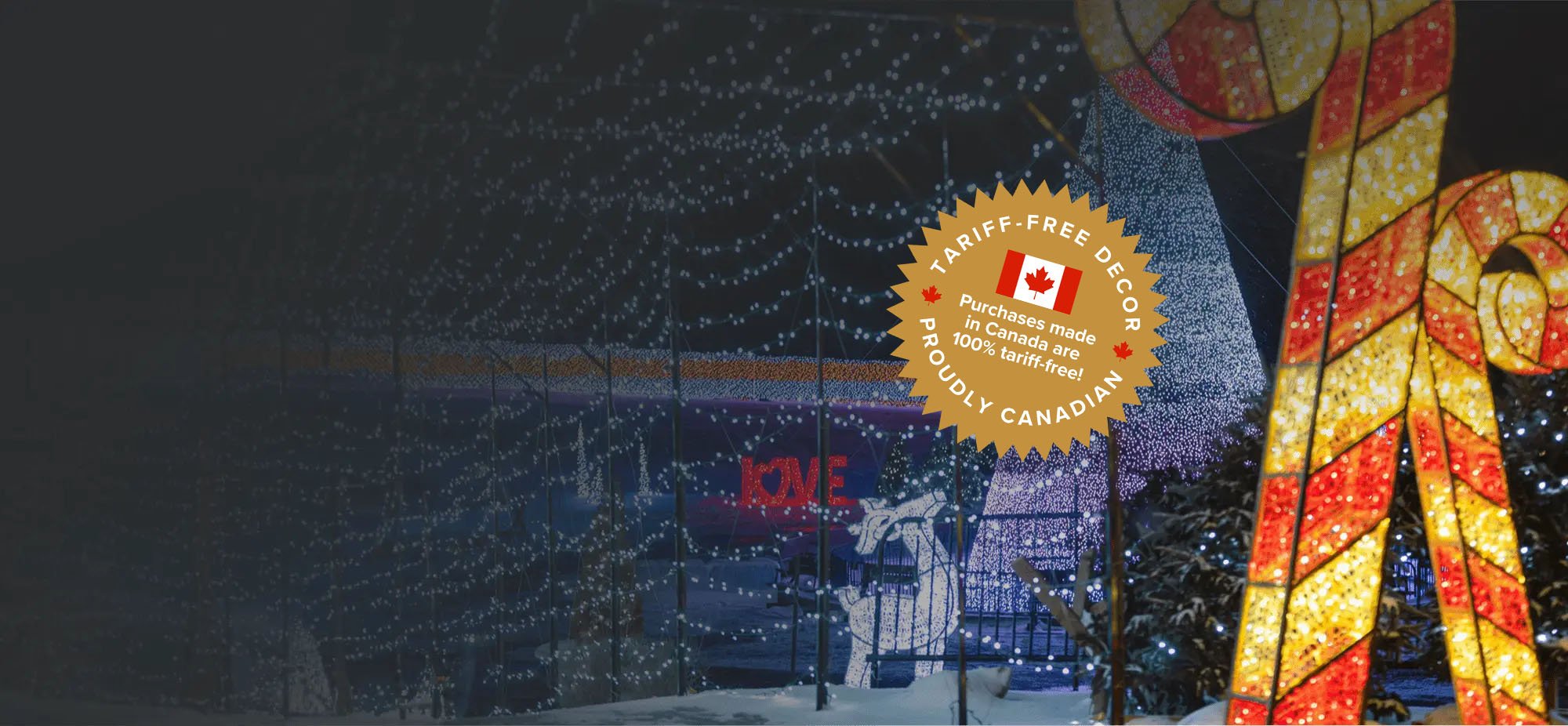 Festive holiday decorative light displays featuring illuminated reindeer and large candy canes, perfect for outdoor seasonal settings.